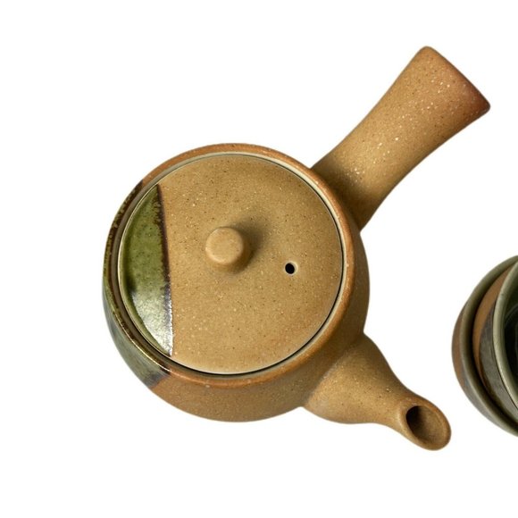 3 pc Ceramic Tea Pot Kettle W/ @ cups Brown with Green Glaze - Picture 2 of 6